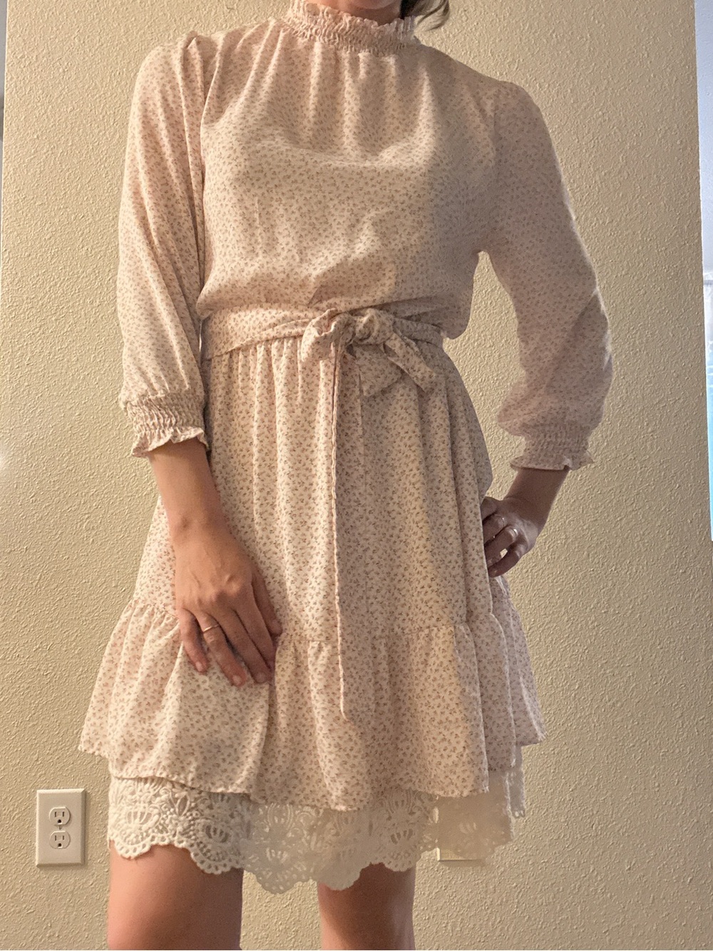 Modest Cottage-Core Floral Lace-Trim Dress